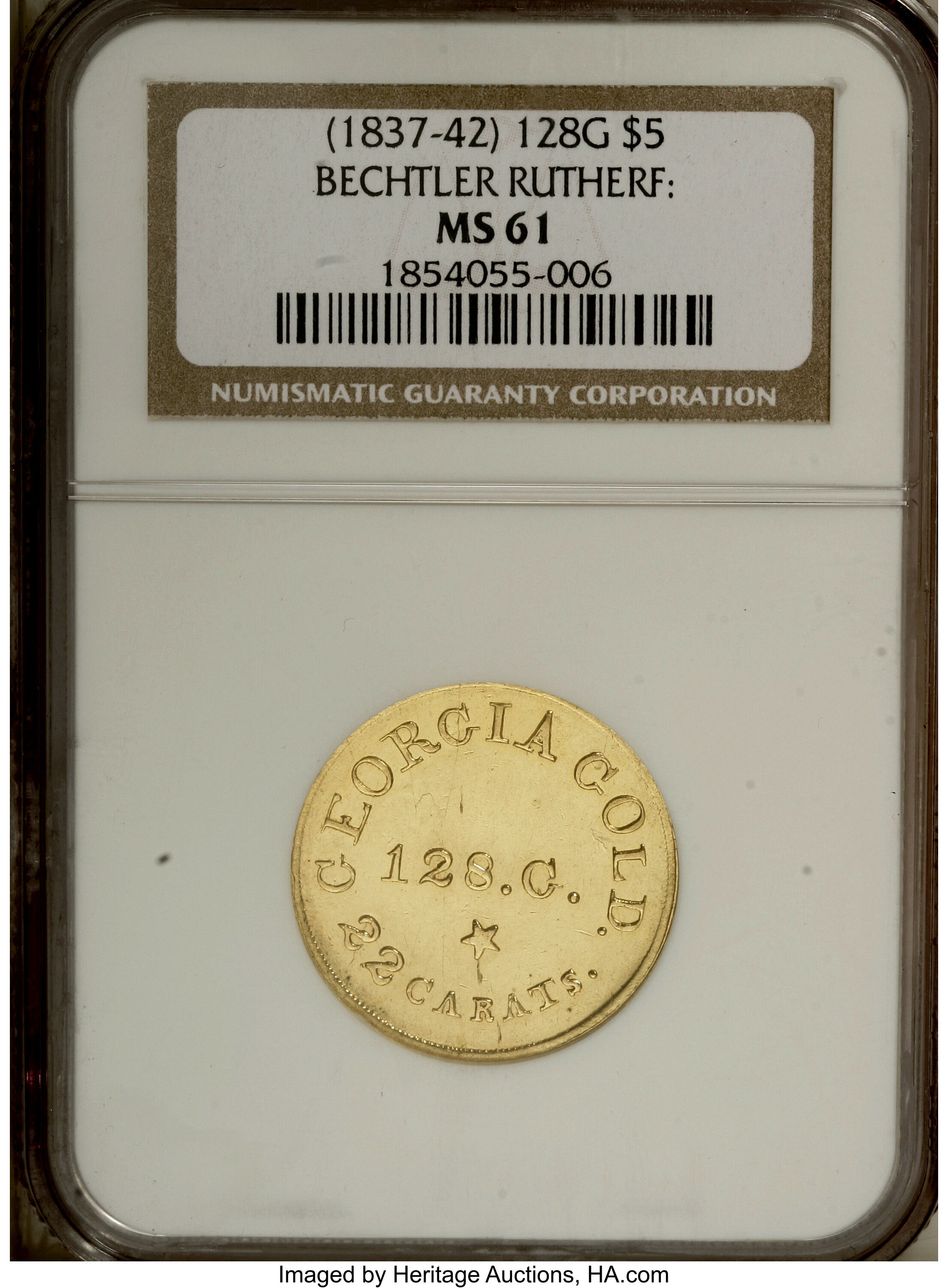 image for: (1834-37) $5 C. Bechtler Five Dollar, RUTHERF: MS61 NGC....