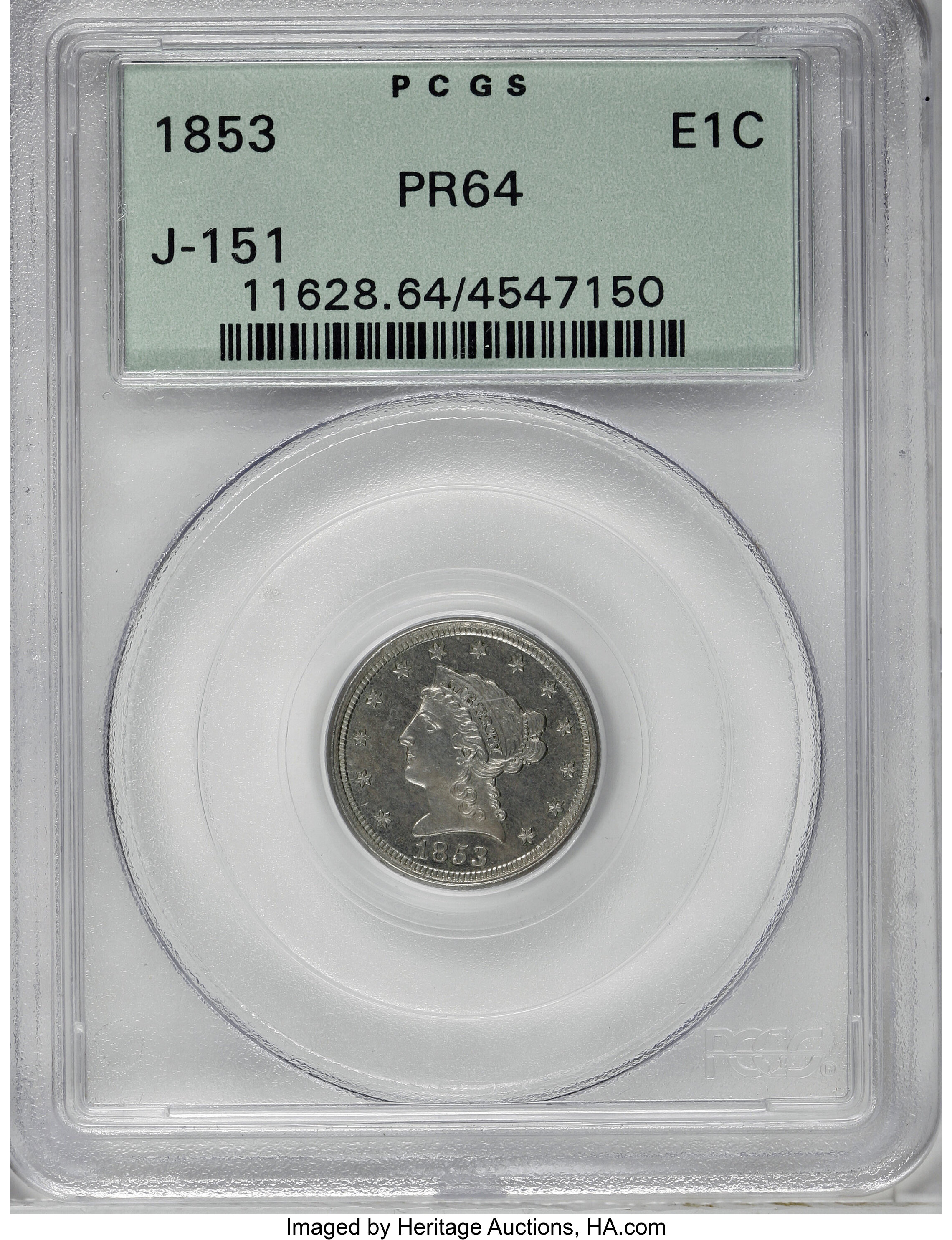 image for: 1853 P1C One Cent, Judd-151, Pollock-178, Low R.6, PR64 PCGS....