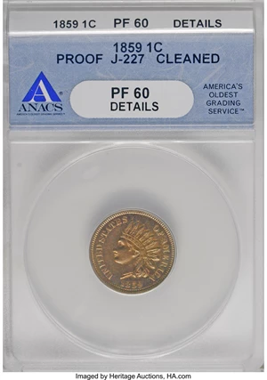image for: 1859 P1C Indian Cent, Judd-227, Pollock-271, Low R.6, PR60 ANACS....