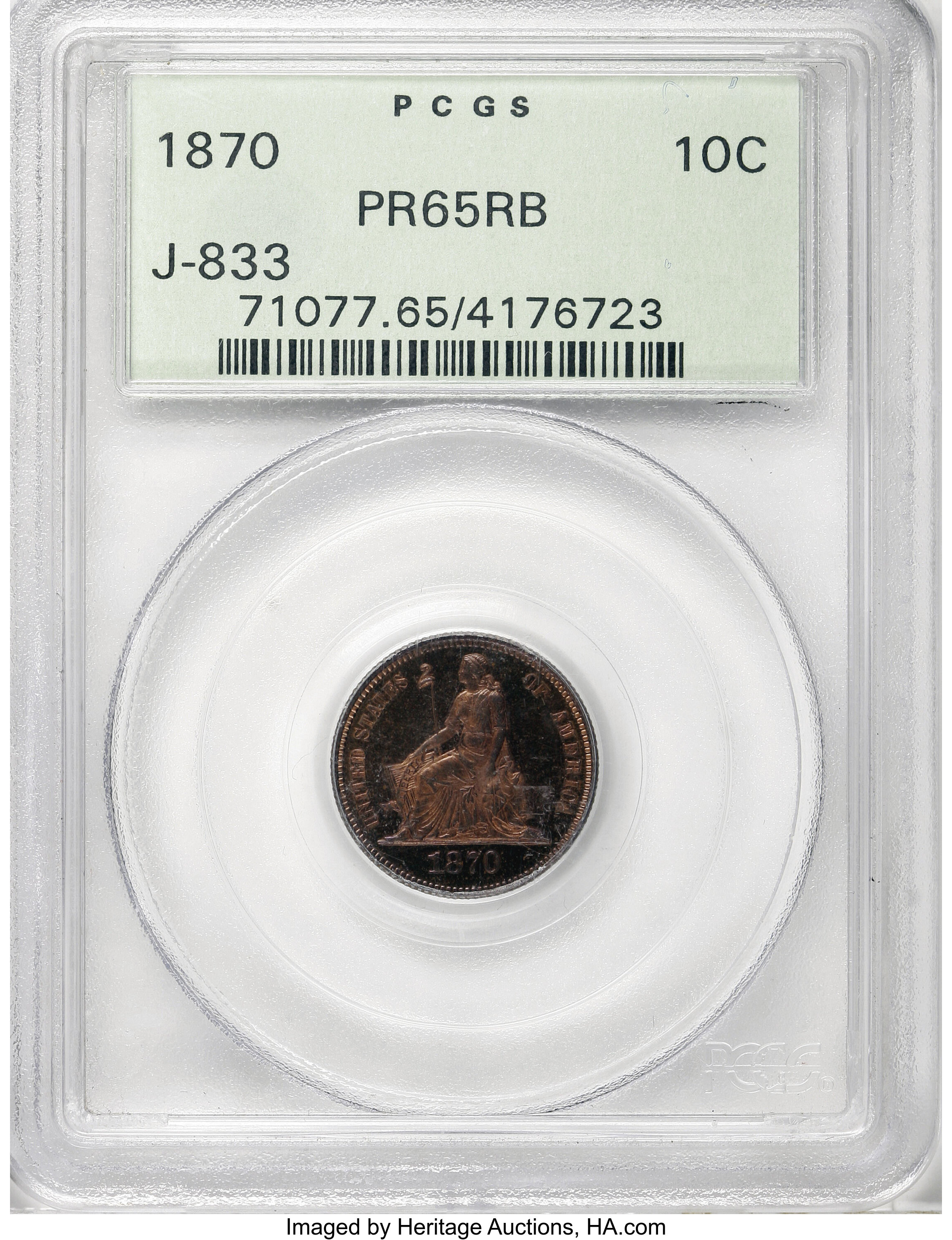 image for: 1870 10C Ten Cents, Judd-833, Pollock-923, R.6-7, PR65 Red and Brown PCGS....