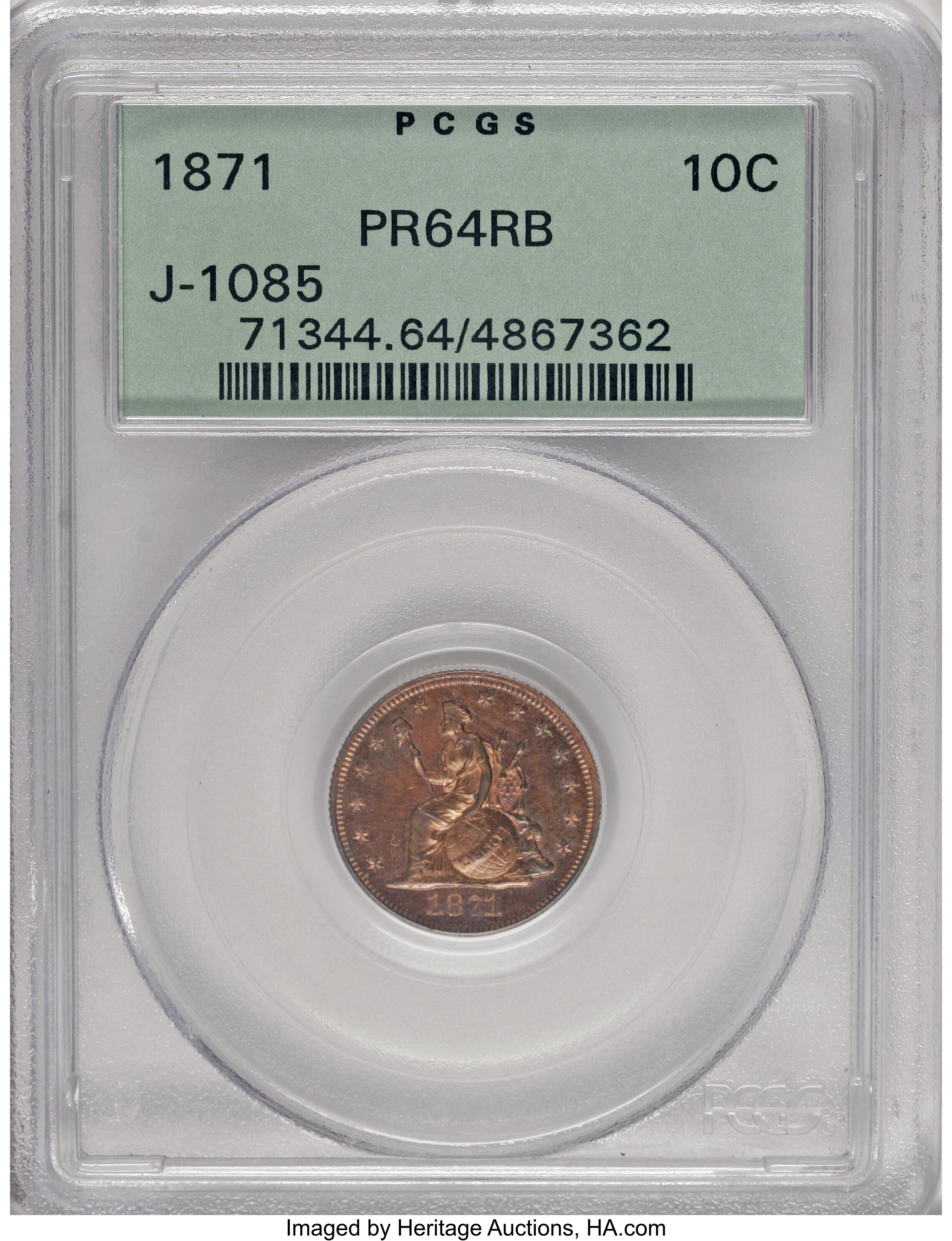 image for: 1871 10C Ten Cents, Judd-1085, Pollock-1221, High R.6, PR64 Red and Brown PCGS....