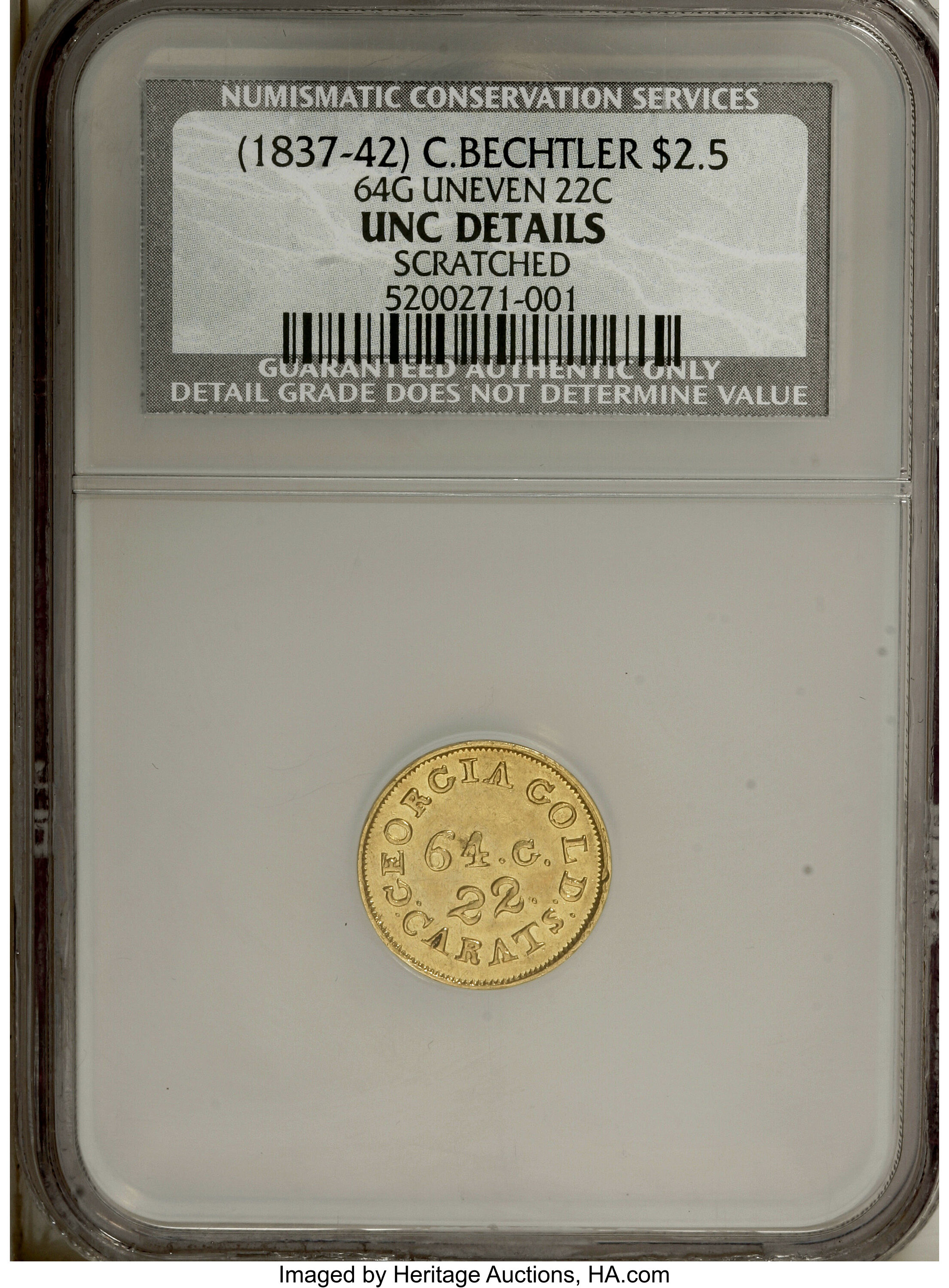 image for: (1837-42) $2 1/2 C. Bechtler Quarter Eagle, 64G. 22C.--Scratched--NCS. Unc. Details....