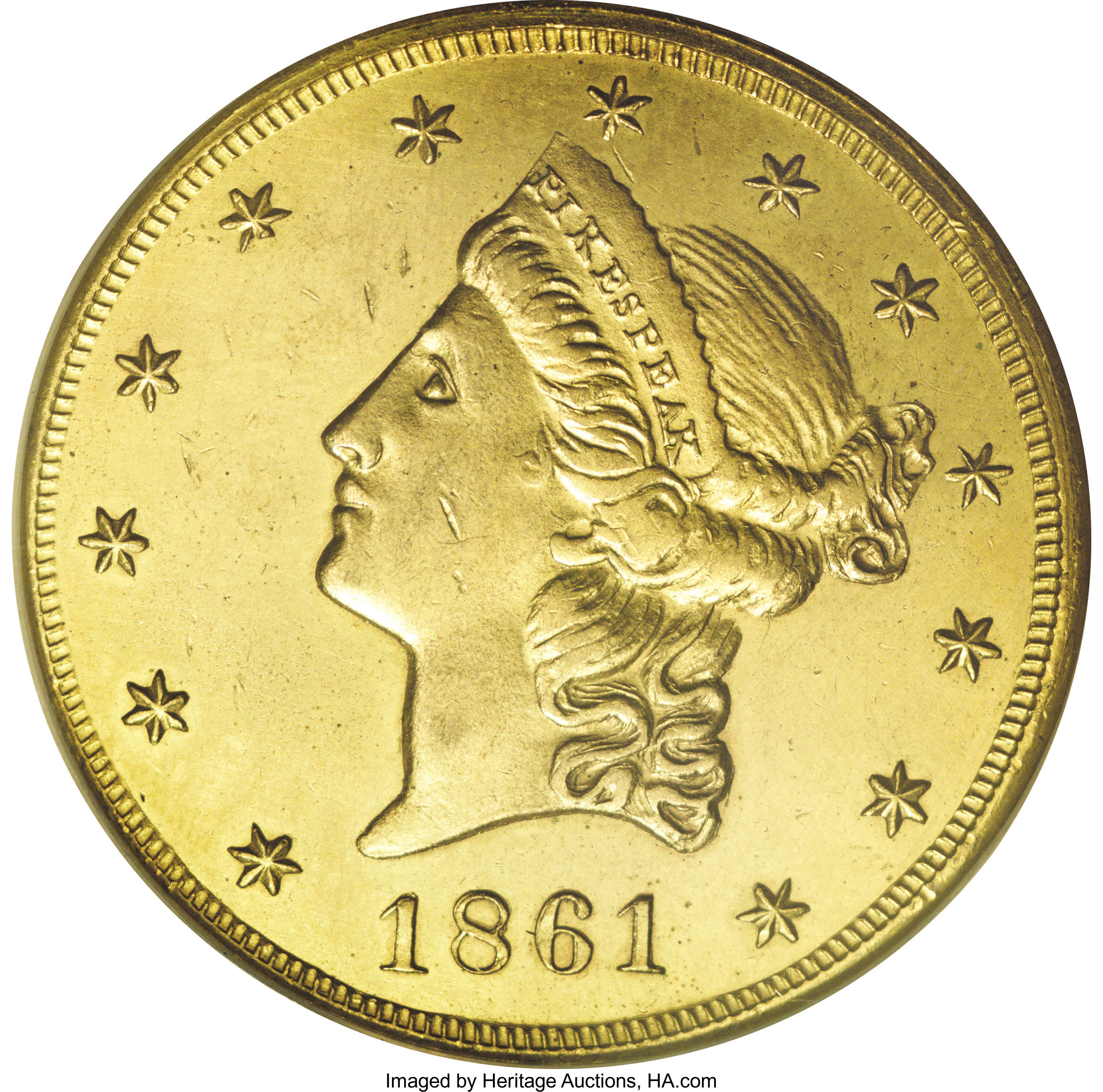 image for: 1861 $20 Clark, Gruber $20 Copper Die Trial--Improperly Cleaned--NCS. Unc. Details....