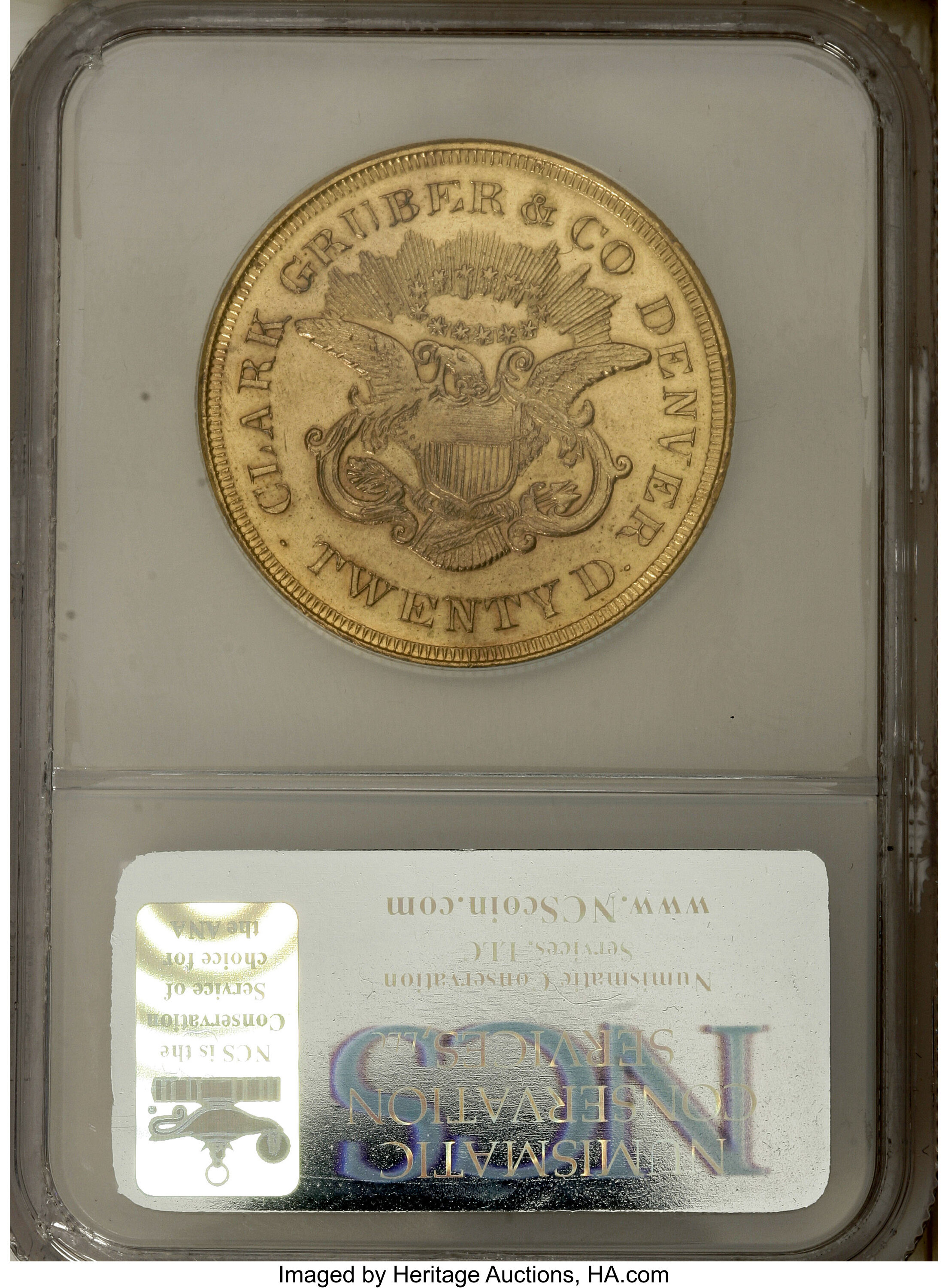 image for: 1861 $20 Clark, Gruber $20 Copper Die Trial--Improperly Cleaned--NCS. Unc. Details....