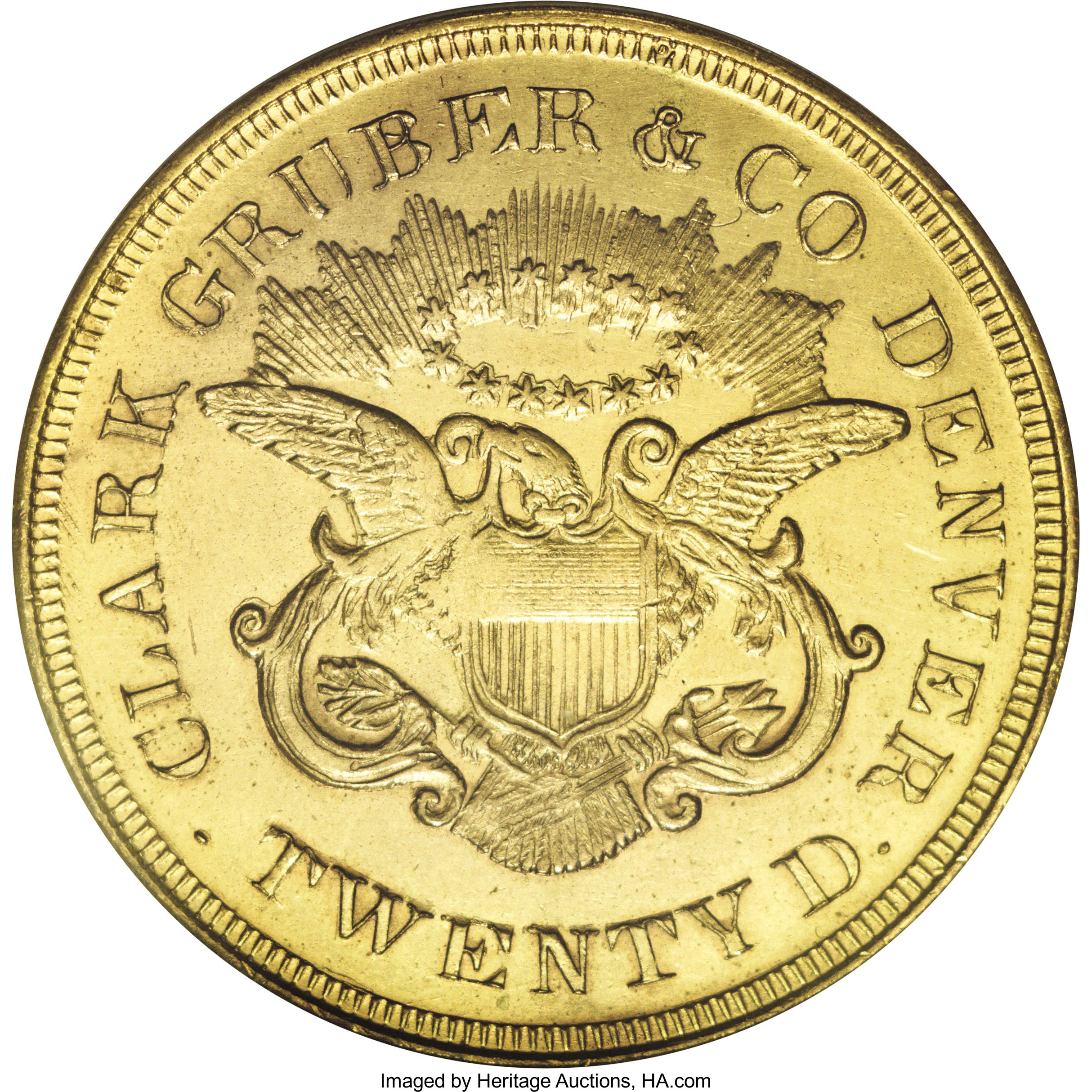 image for: 1861 $20 Clark, Gruber $20 Copper Die Trial--Improperly Cleaned--NCS. Unc. Details....