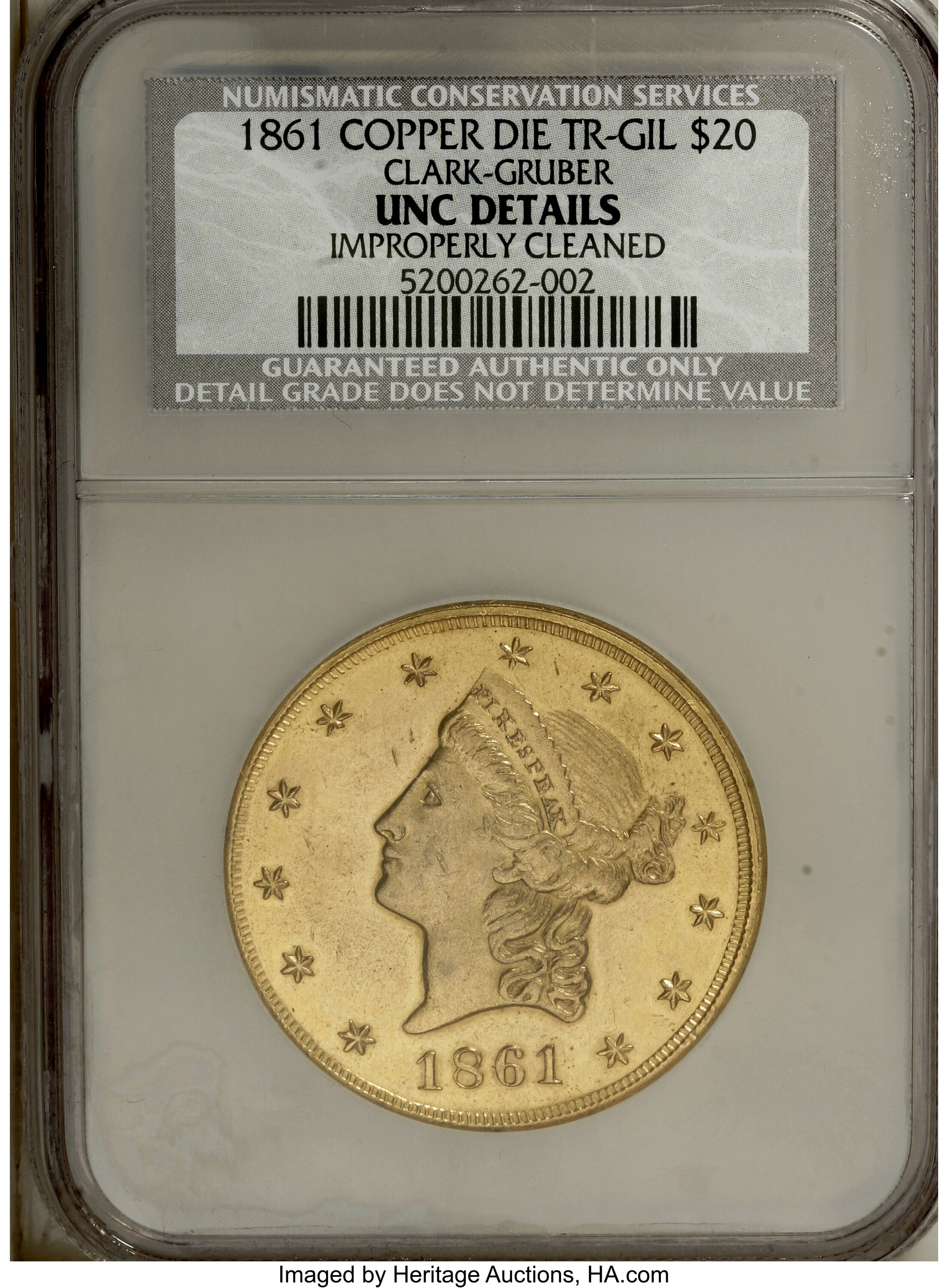 image for: 1861 $20 Clark, Gruber $20 Copper Die Trial--Improperly Cleaned--NCS. Unc. Details....