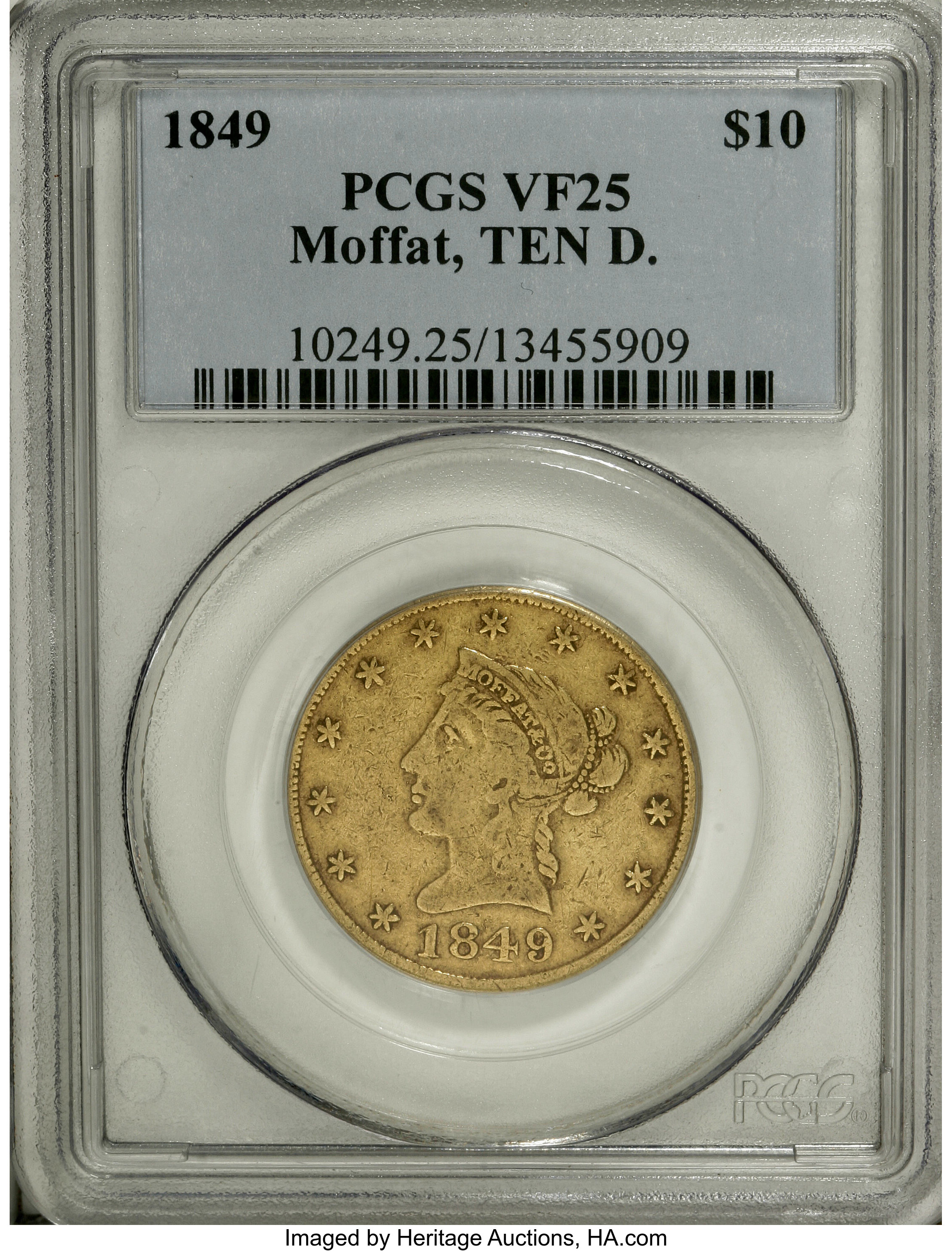 image for: 1849 $10 Moffat & Co. Ten Dollar, "Ten D." VF25 PCGS....