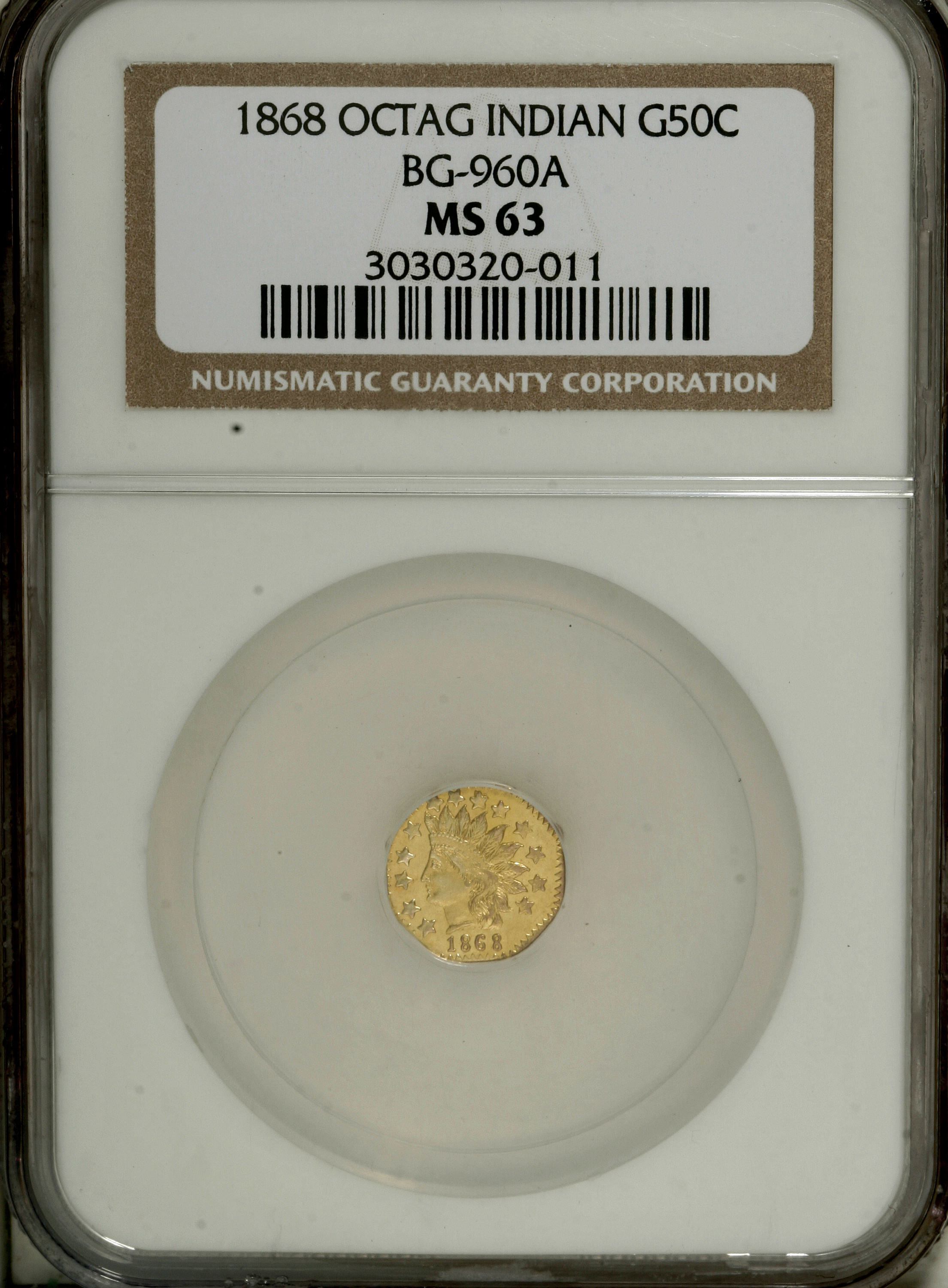 image for: 1868 50C Indian Octagonal 50 Cents, BG-960A, High R.6, MS63 NGC....