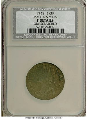 image for: 1747 1/2P Machin's Mills Halfpenny--Obverse Scratched--NCS. Fine Details....