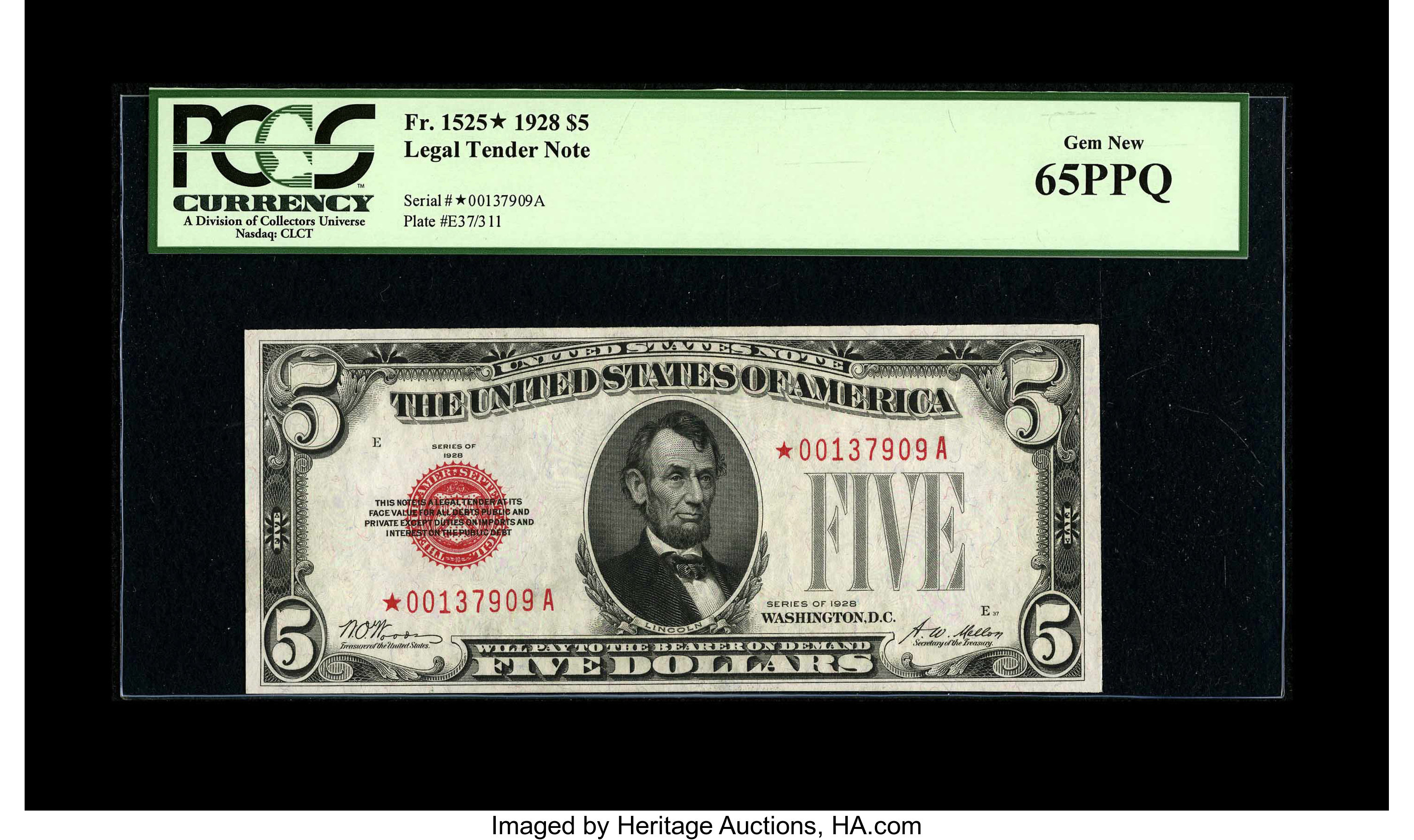 image for: Fr. 1525* $5 1928 Legal Tender Note. PCGS Gem New 65PPQ....