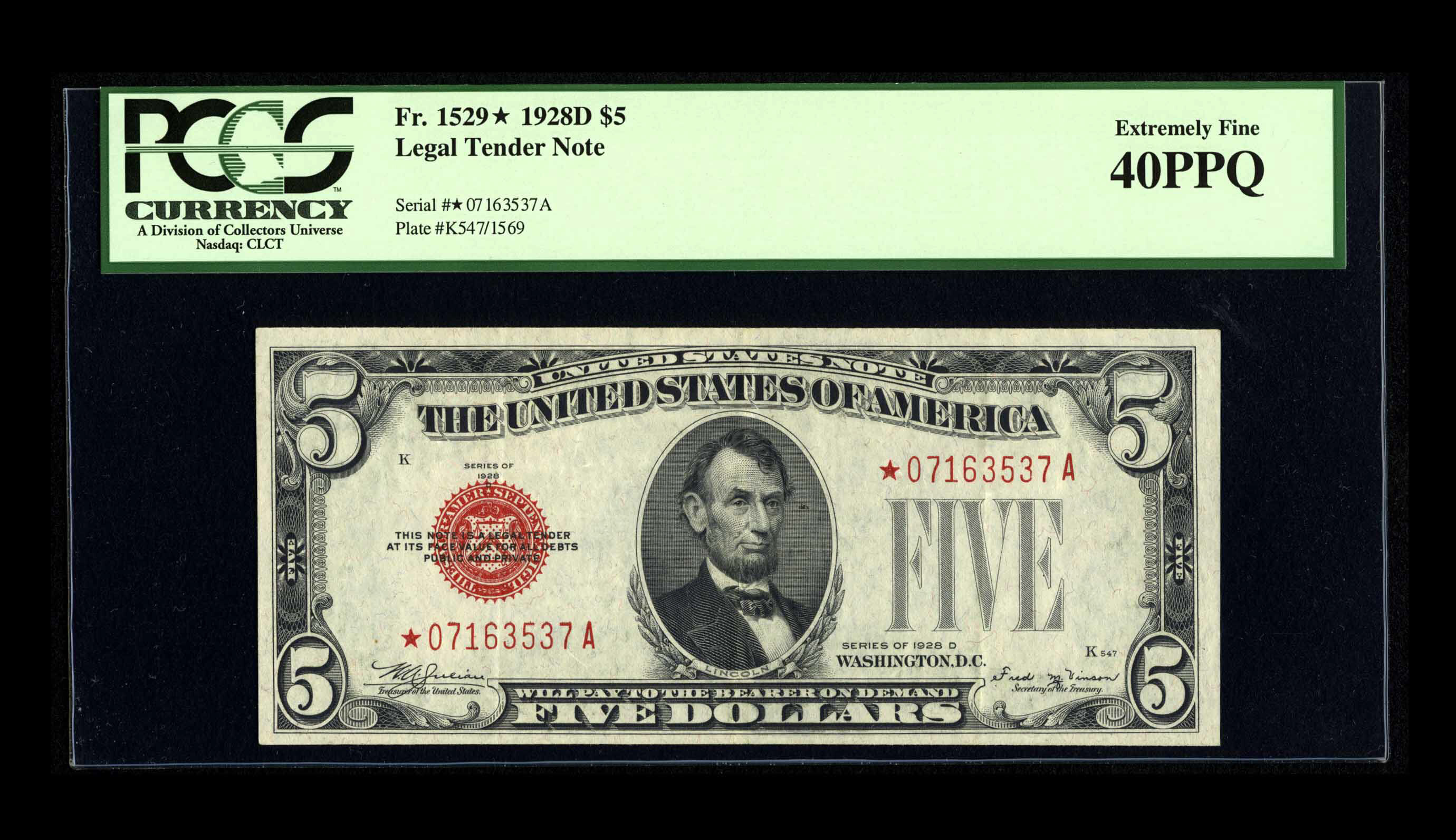 image for: Fr. 1529* $5 1928D Legal Tender Note. PCGS Extremely Fine 40PPQ....