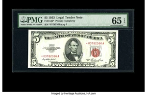 image for: Fr. 1532* $5 1953 Legal Tender Note. PMG Gem Uncirculated 65 EPQ....