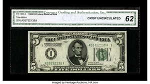 image for: Fr. 1950-A $5 1928 Federal Reserve Note. CGA Crisp Uncirculated 62....