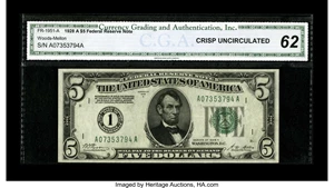 image for: Fr. 1951-A $5 1928A Federal Reserve Note. CGA Crisp Uncirculated 62....