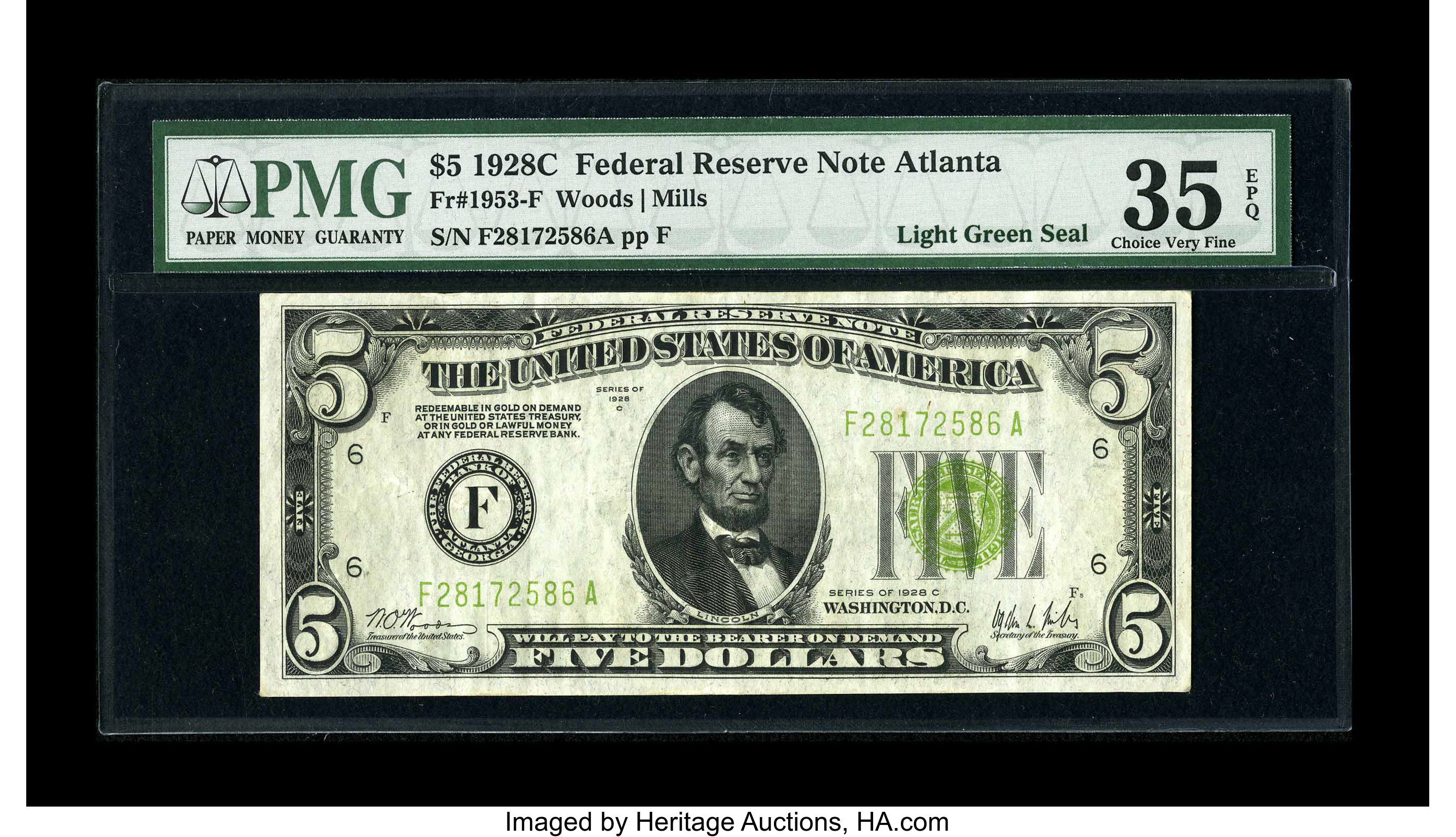 image for: Fr. 1953-F $5 1928C Federal Reserve Note. PMG Choice Very Fine 35 EPQ....