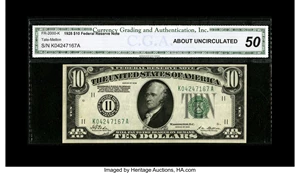 image for: Fr. 2000-K $10 1928 Federal Reserve Note. CGA About Uncirculated 50....