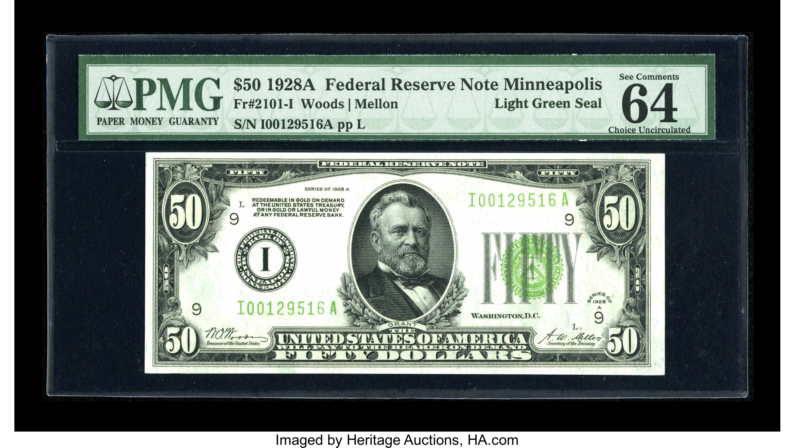 image for: Fr. 2101-I $50 1928A Light Green Seal Federal Reserve Note. PMG Choice Uncirculated 64 EPQ....