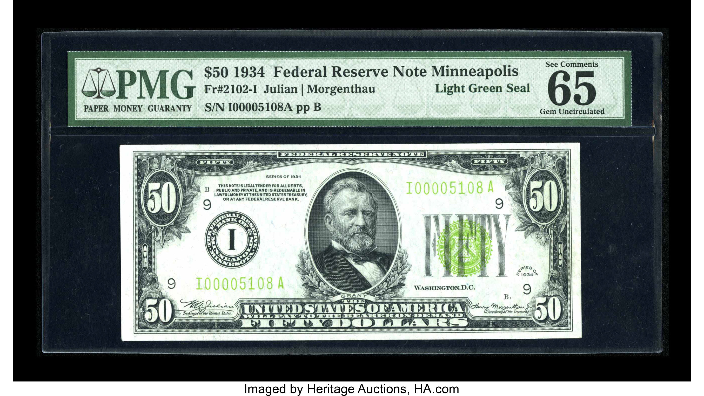 image for: Fr. 2102-I $50 1934 Light Green Seal Federal Reserve Note. PMG Gem Uncirculated 65 EPQ....