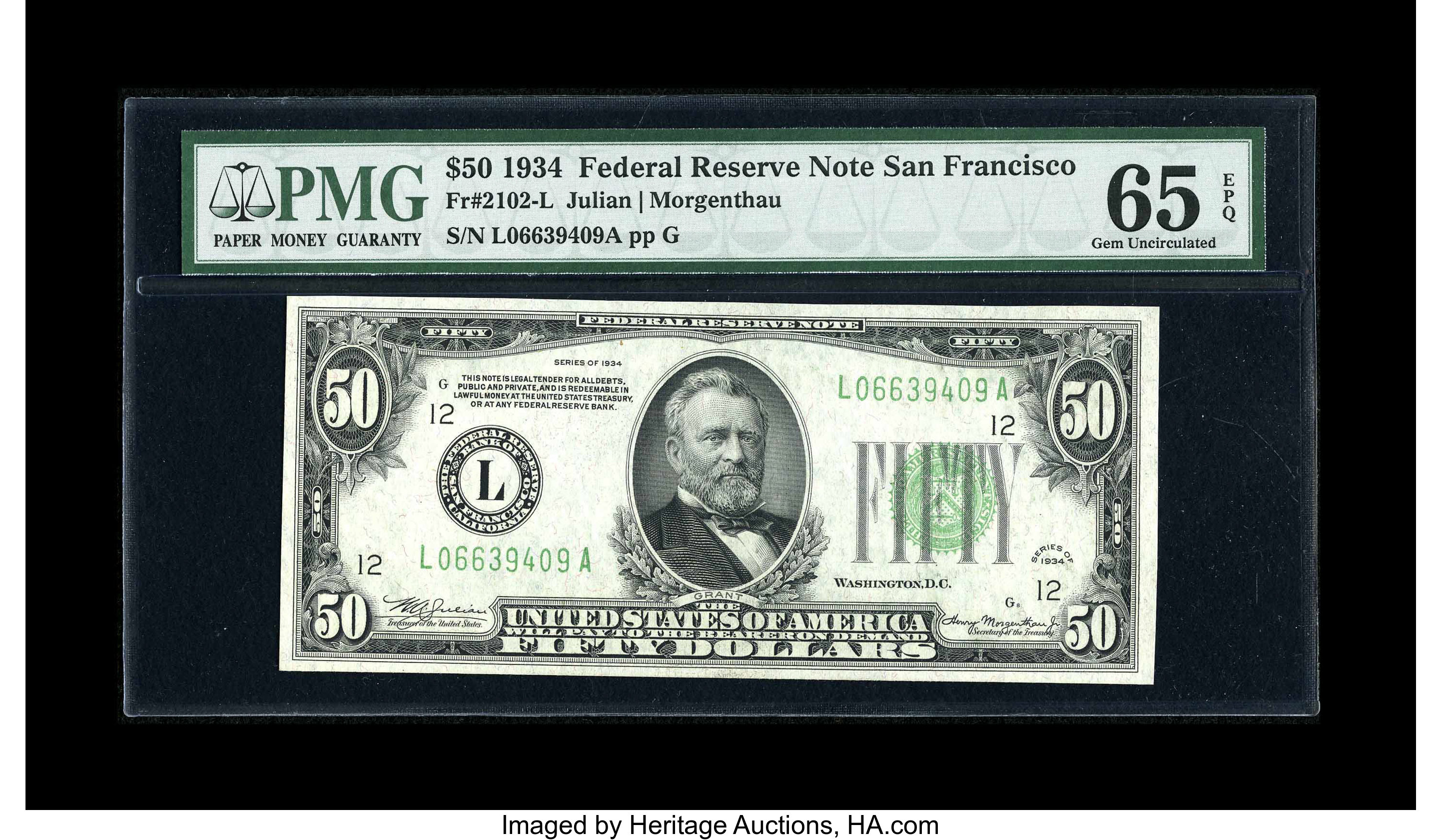 image for: Fr. 2102-L $50 1934 Federal Reserve Note. PMG Gem Uncirculated 65 EPQ....