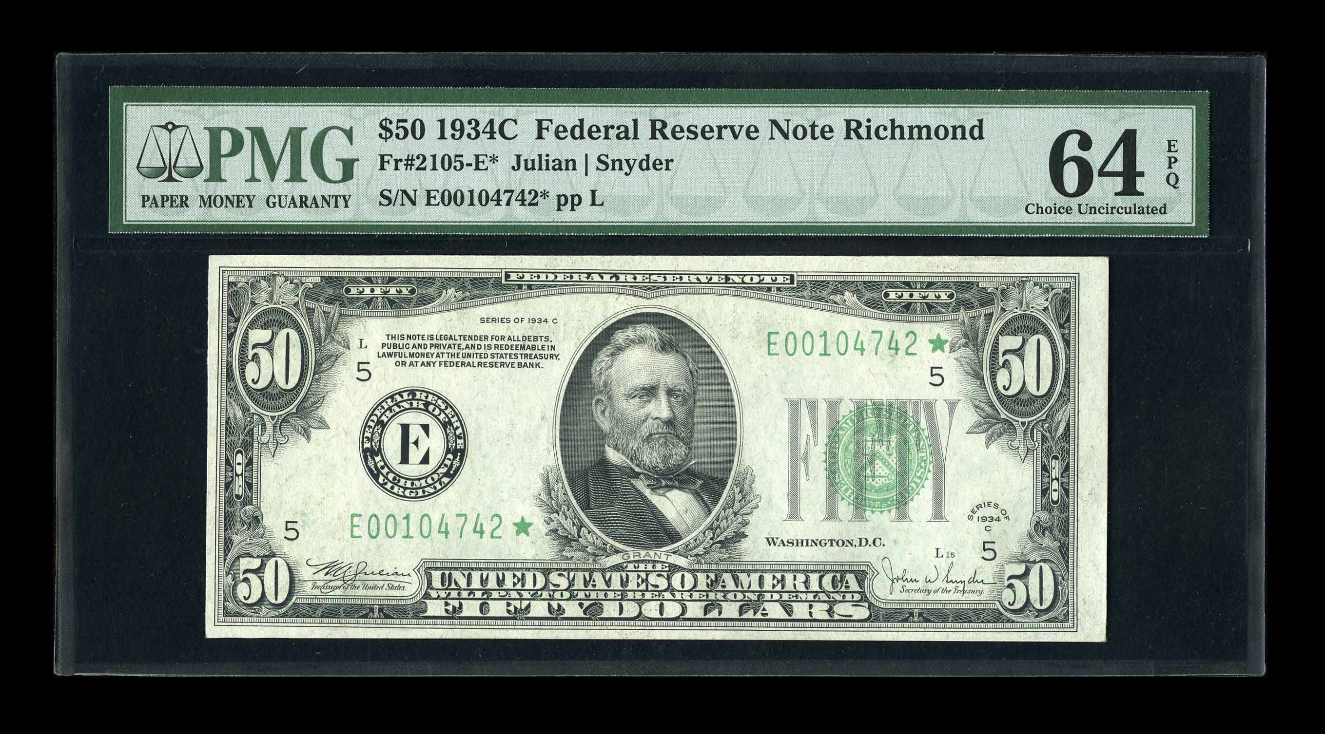 image for: Fr. 2105-E* $50 1934C Federal Reserve Note. PMG Choice Uncirculated 64 EPQ....