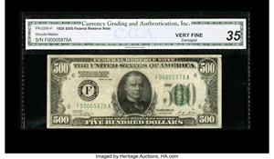 image for: Fr. 2200-F $500 1928 Federal Reserve Note. CGA Very Fine 35 Damaged....