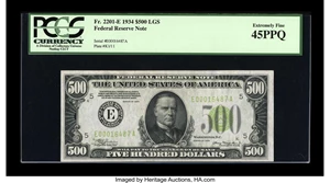 image for: Fr. 2201-E $500 1934 LGS Federal Reserve Note. PCGS Extremely Fine 45PPQ....
