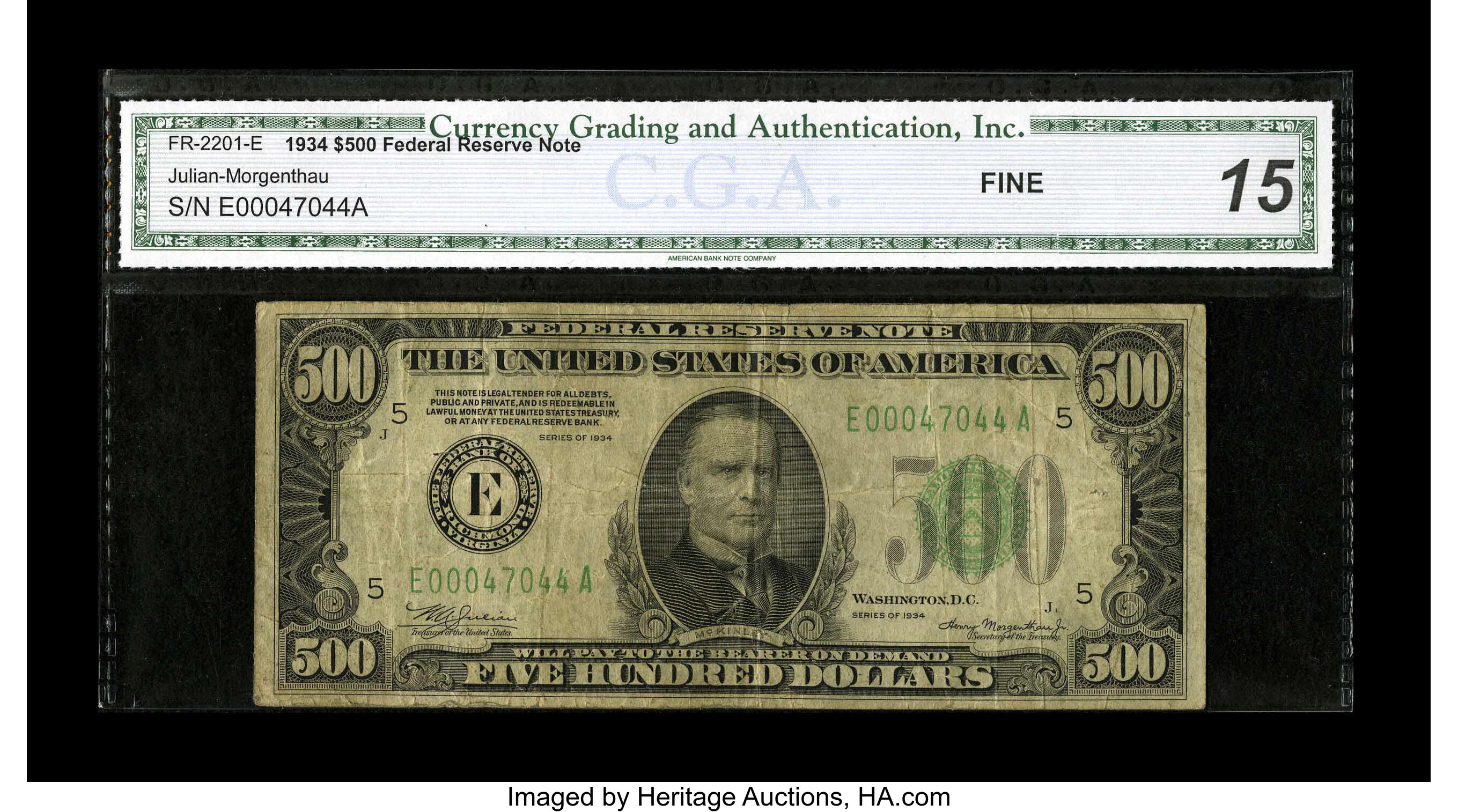 image for: Fr. 2201-E $500 1934 Federal Reserve Note. CGA Fine 15....