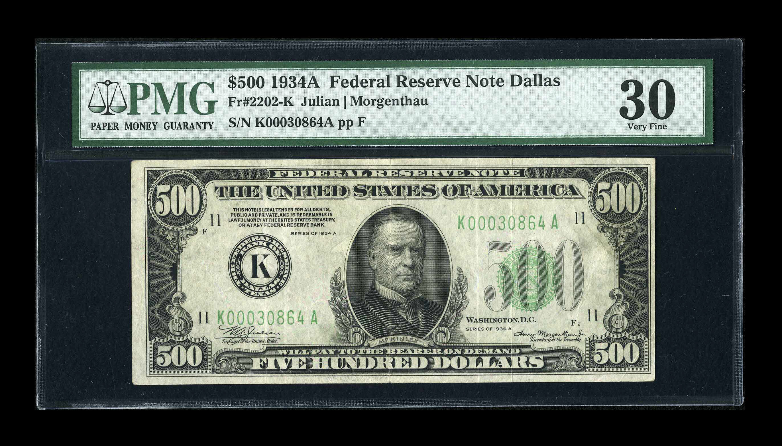 image for: Fr. 2202-K $500 1934A Federal Reserve Note. PMG Very Fine 30....