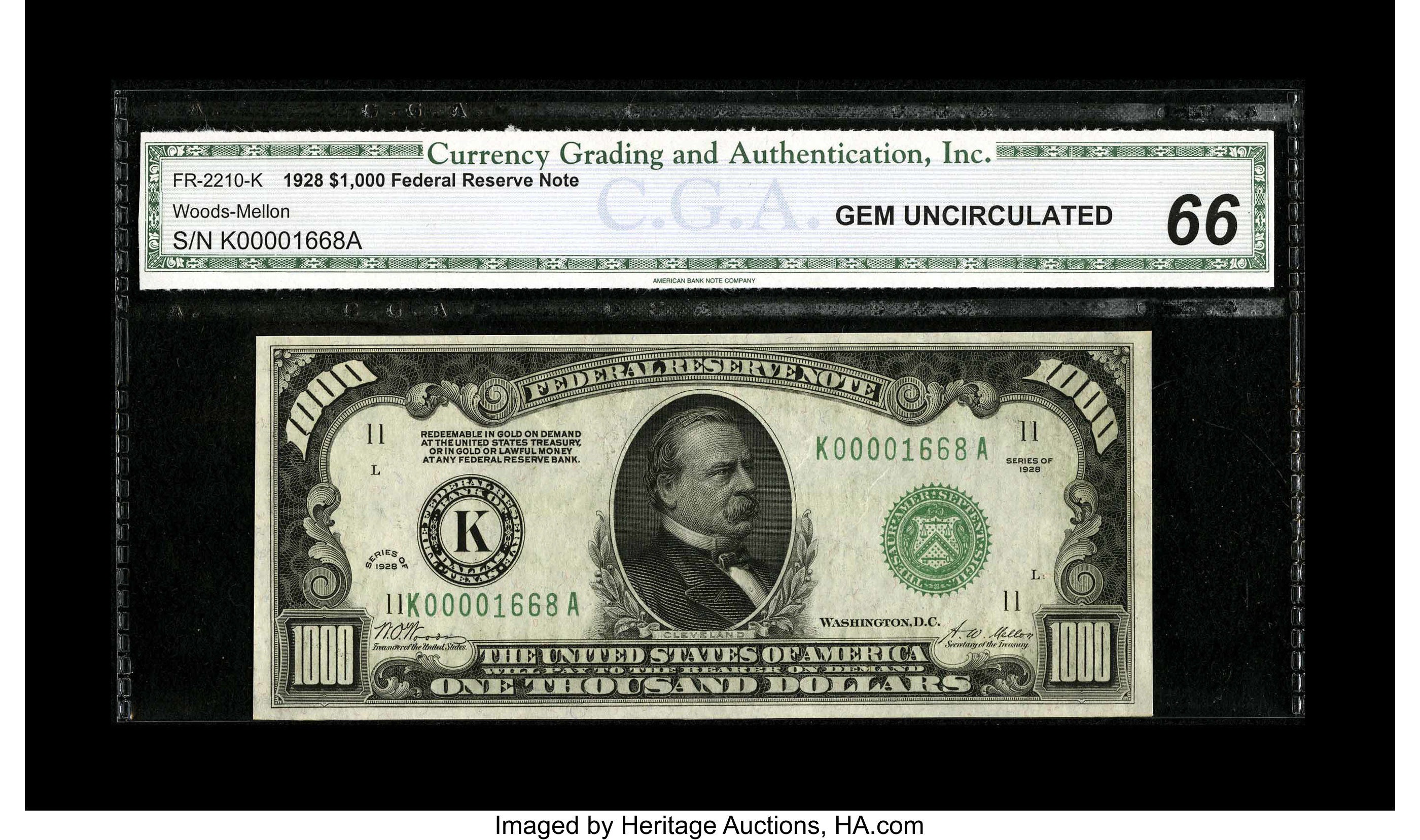 image for: Fr. 2210-K $1000 1928 Federal Reserve Note. CGA Gem Uncirculated 66....