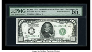 image for: Fr. 2210-L $1000 1928 Federal Reserve Note. PMG About Uncirculated 55....