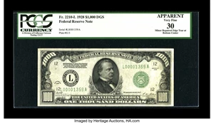 image for: Fr. 2210-L $1000 1928 Federal Reserve Note. PCGS Apparent Very Fine 30....