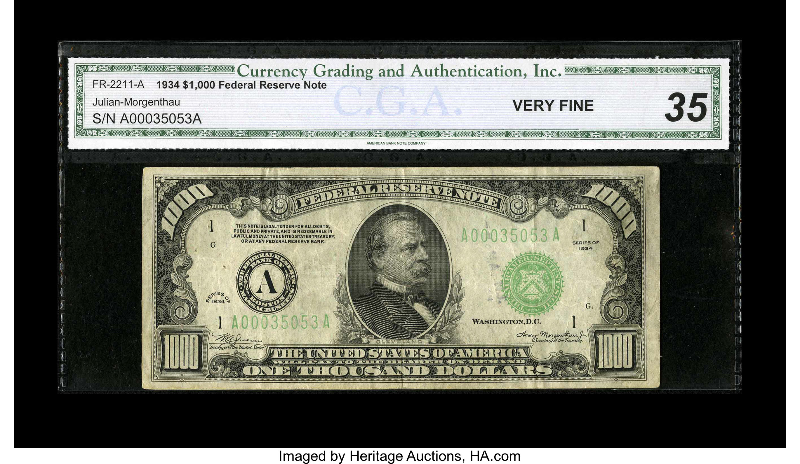 image for: Fr. 2211-A $1000 1934 Federal Reserve Note. CGA Very Fine 35....