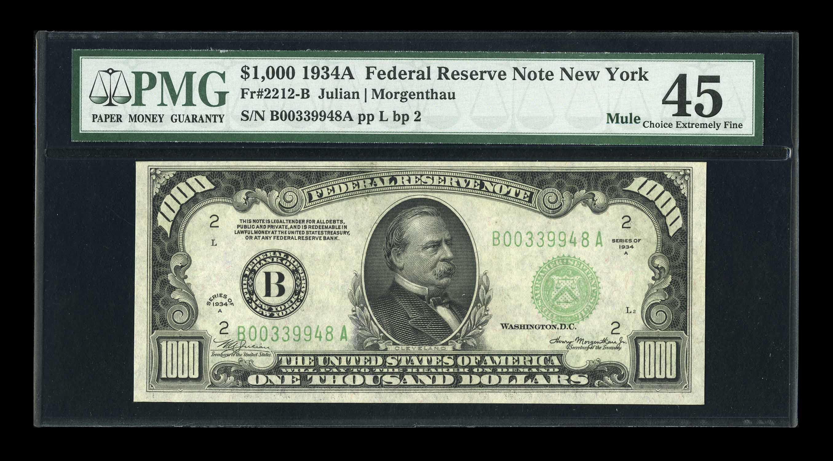 image for: Fr. 2212-B $1000 1934A Mule Federal Reserve Note. PMG Choice Extremely Fine 45....