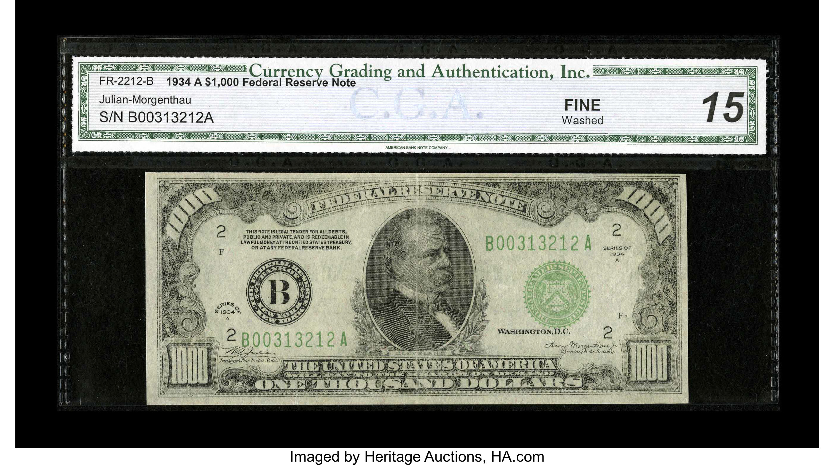 image for: Fr. 2212-B $1000 1934A Federal Reserve Note. CGA Fine 15....