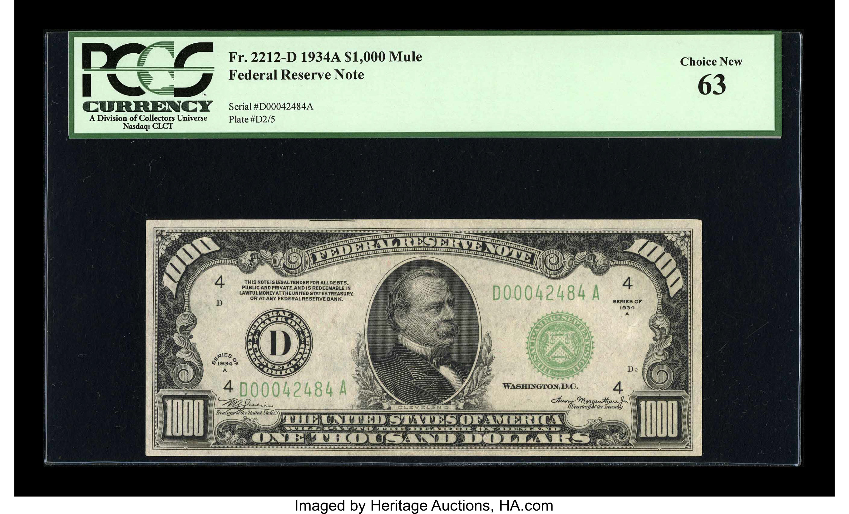 image for: Fr. 2212-D $1000 1934A Federal Reserve Note. PCGS Choice New 63....