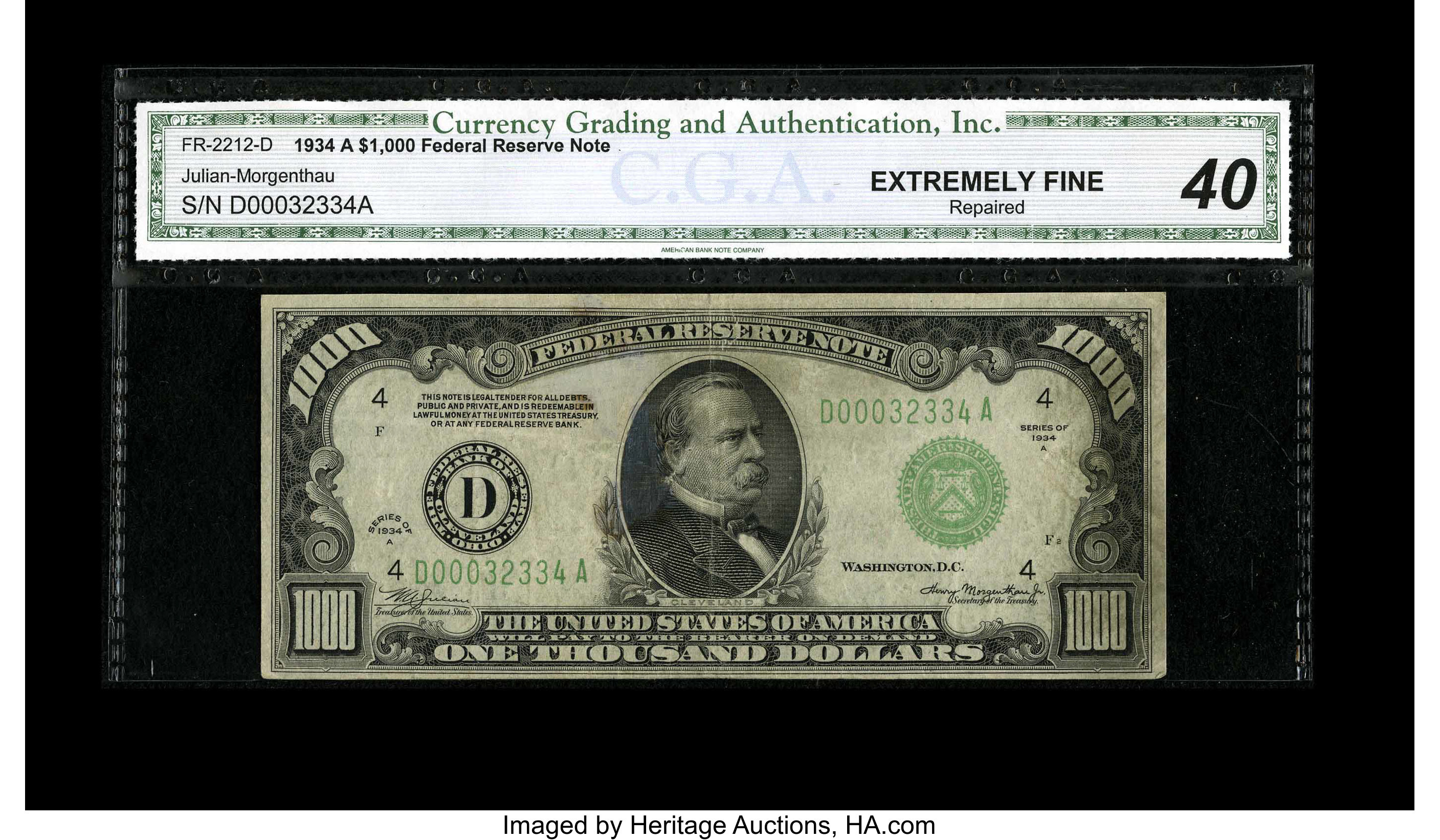image for: Fr. 2212-D $1000 1934A Federal Reserve Note. CGA Extremely Fine 40. Repaired....