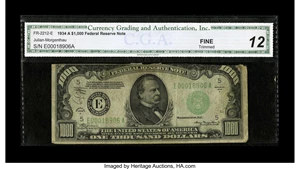image for: Fr. 2212-E $1000 1934A Federal Reserve Note. CGA Fine 12 Trimmed....