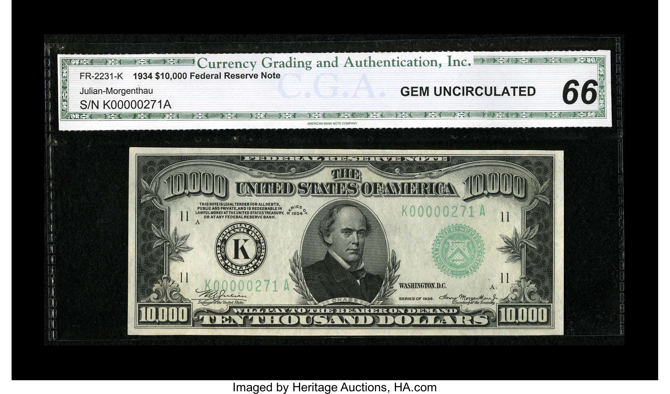 image for: Fr. 2231-K $10000 1934 Federal Reserve Note. CGA Gem Uncirculated 66....