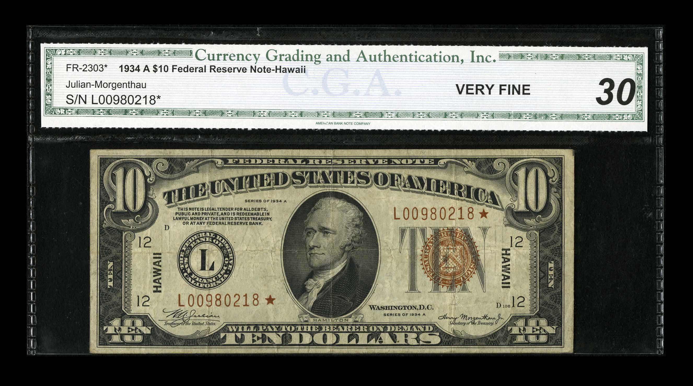 image for: Fr. 2303* $10 1934A Hawaii Federal Reserve Note. CGA Very Fine 30....