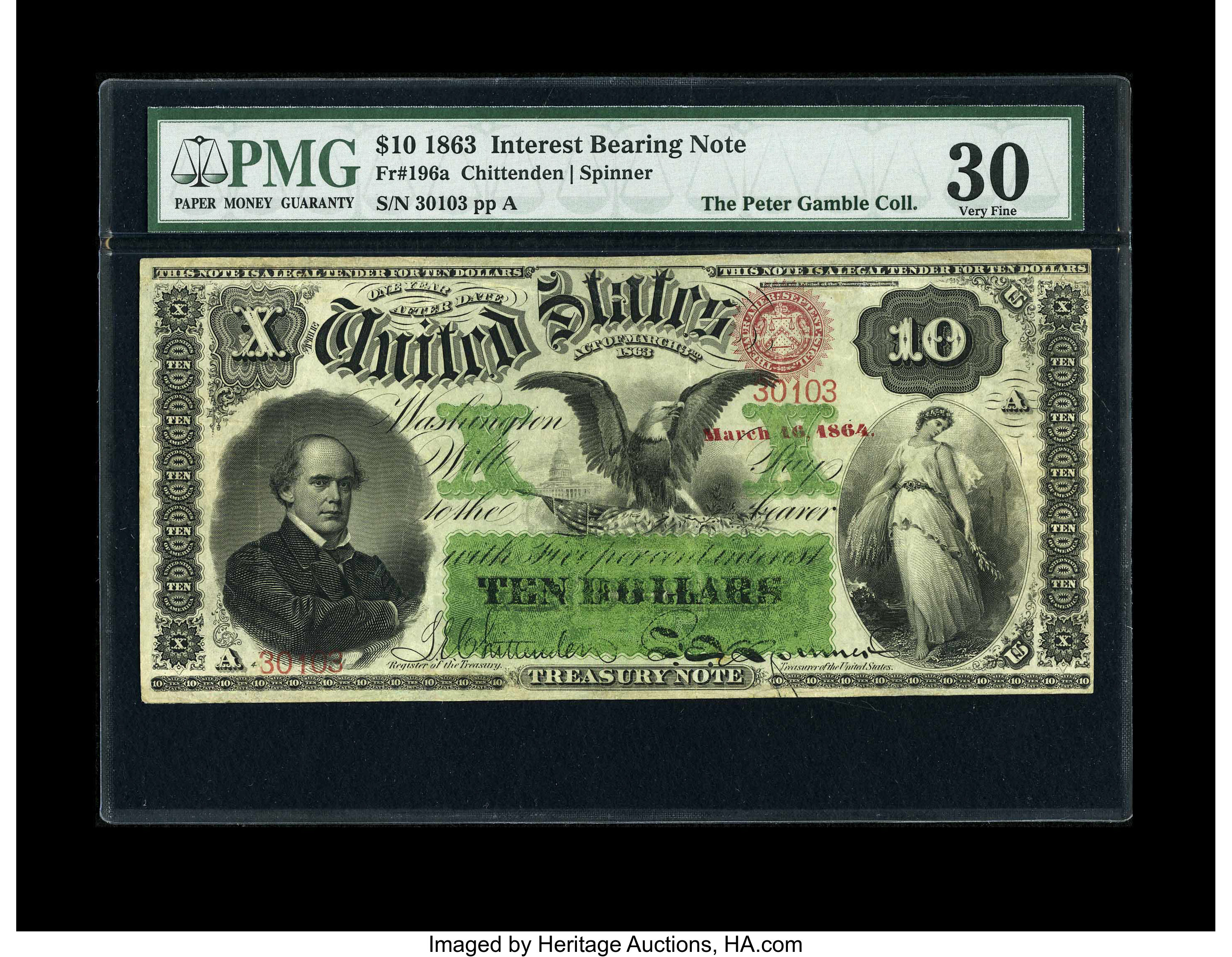 image for: Fr. 196a $10 1863 Interest Bearing Note PMG Very Fine 30....