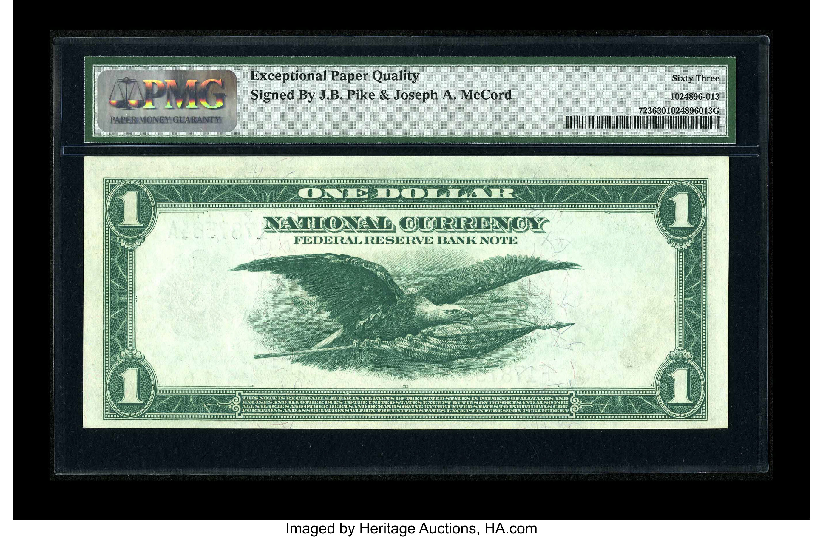 image for: Dual Courtesy Autographed Fr. 723 $1 1918 Federal Reserve Bank Note PMG Choice Uncirculated 63 EPQ.