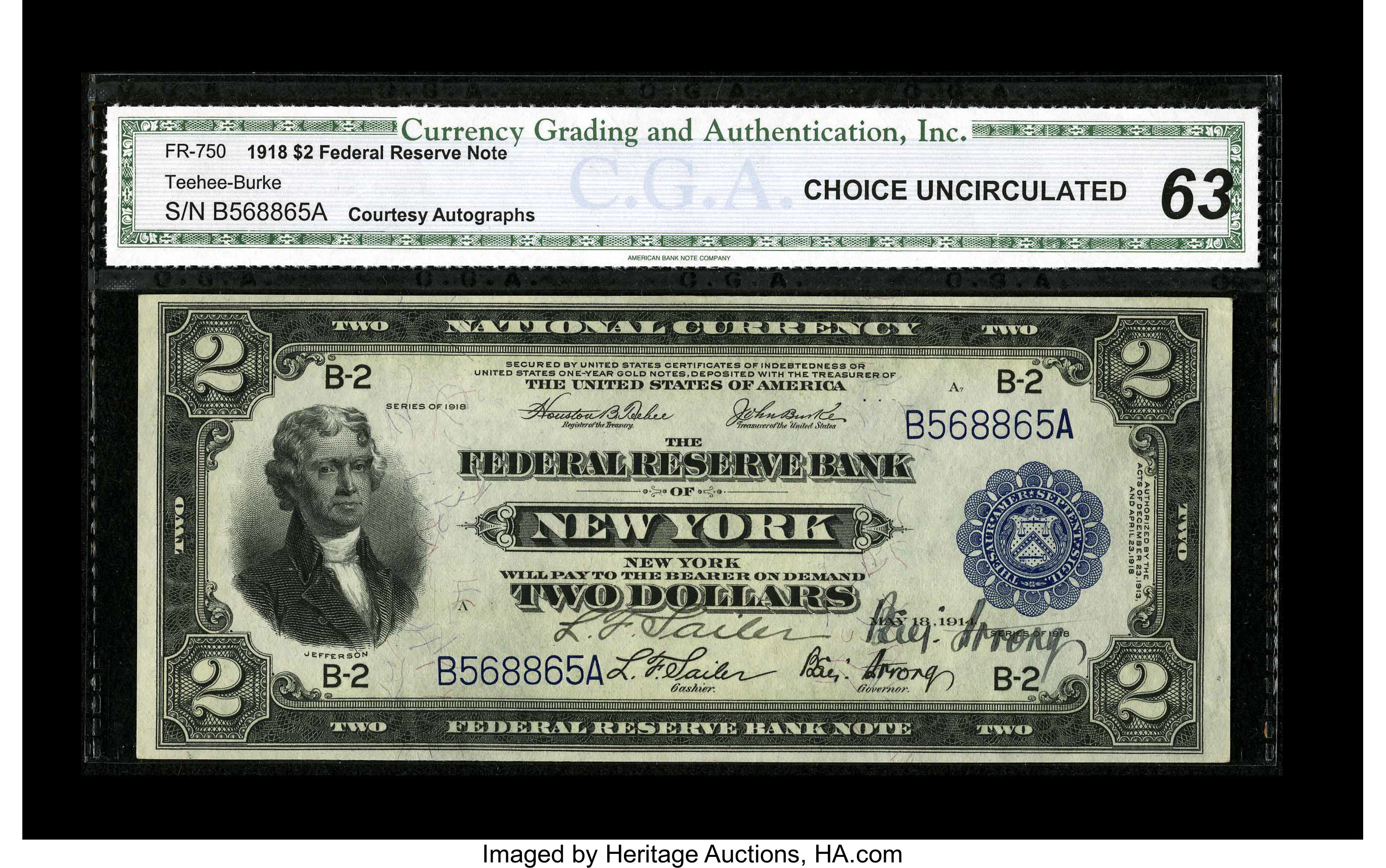 image for: Dual Courtesy Autographed Fr. 750 $2 1918 Federal Reserve Bank "Radar" Note CGA Choice Uncirculated 63....