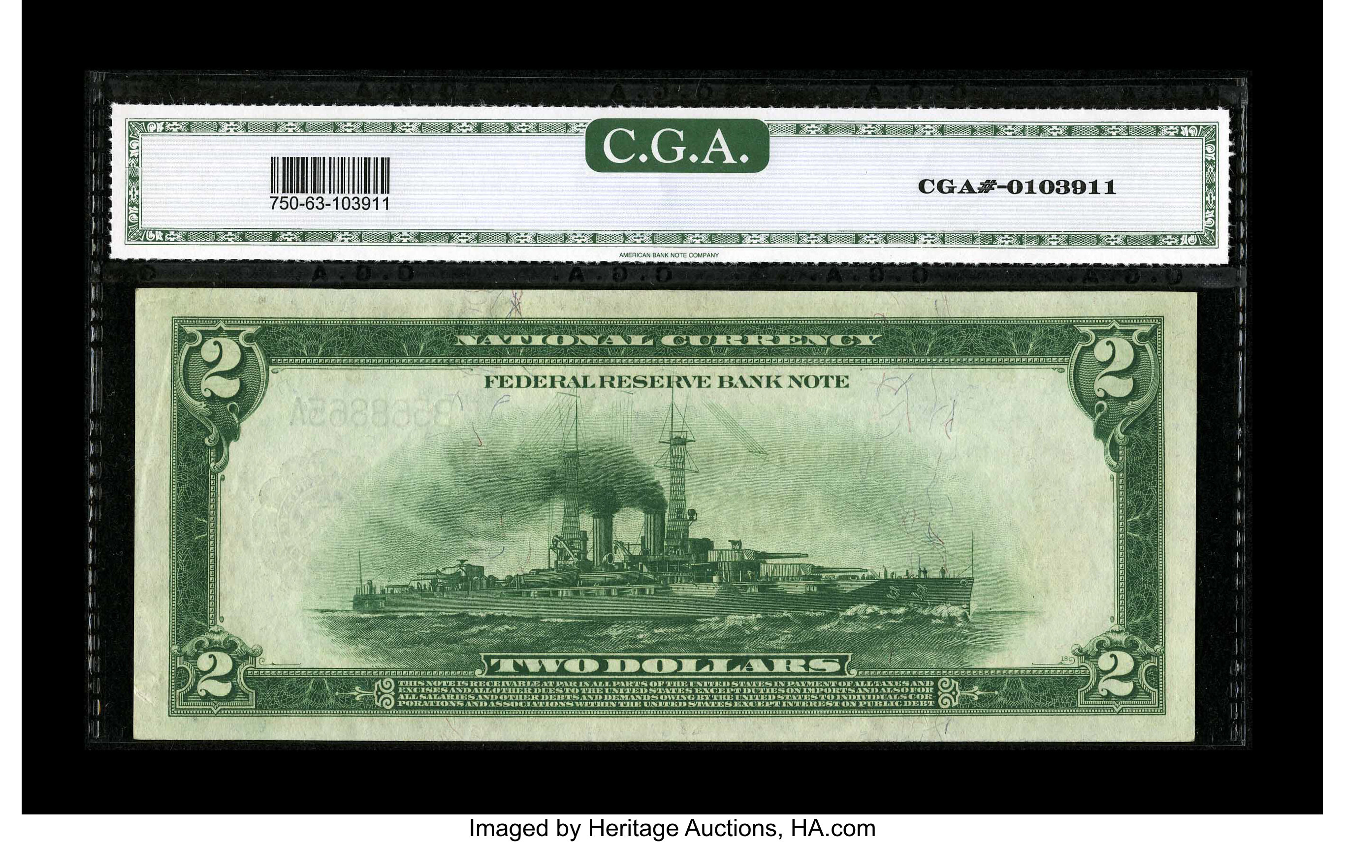 image for: Dual Courtesy Autographed Fr. 750 $2 1918 Federal Reserve Bank "Radar" Note CGA Choice Uncirculated 63....
