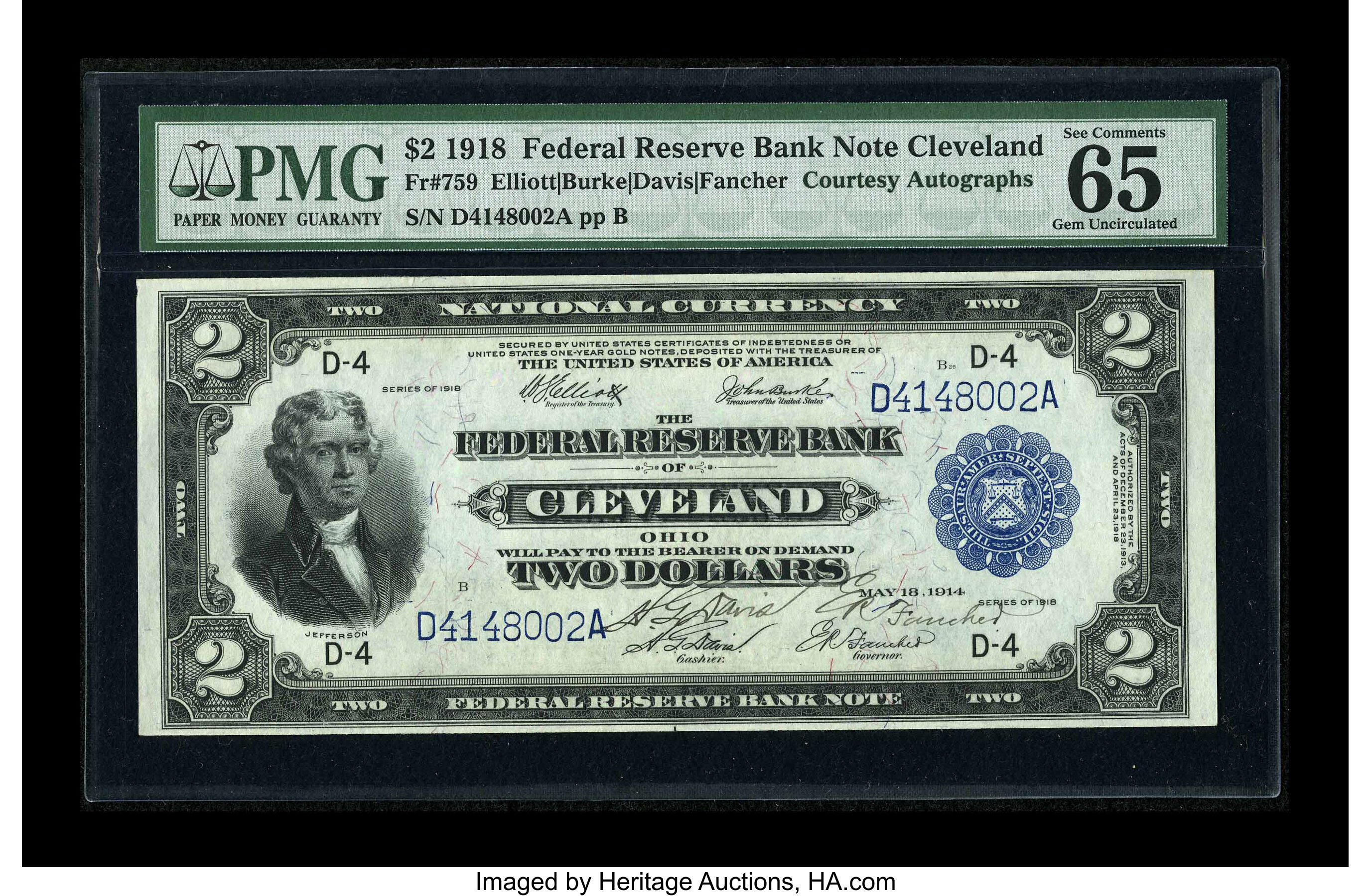 image for: Dual Courtesy Autographed Fr. 759 $2 1918 Federal Reserve Bank Note PMG Gem Uncirculated 65 EPQ....