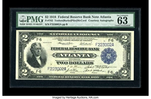 image for: Dual Courtesy Autographed Fr. 762 $2 1918 Federal Reserve Bank Note PMG Choice Uncirculated 63 EPQ.