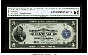 image for: Dual Courtesy Autographed Fr. 785 $5 1918 Federal Reserve Bank Note CGA Choice Uncirculated 64....