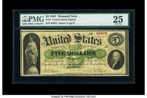 image for: Fr. 3 $5 1861 Demand Note PMG Very Fine 25....