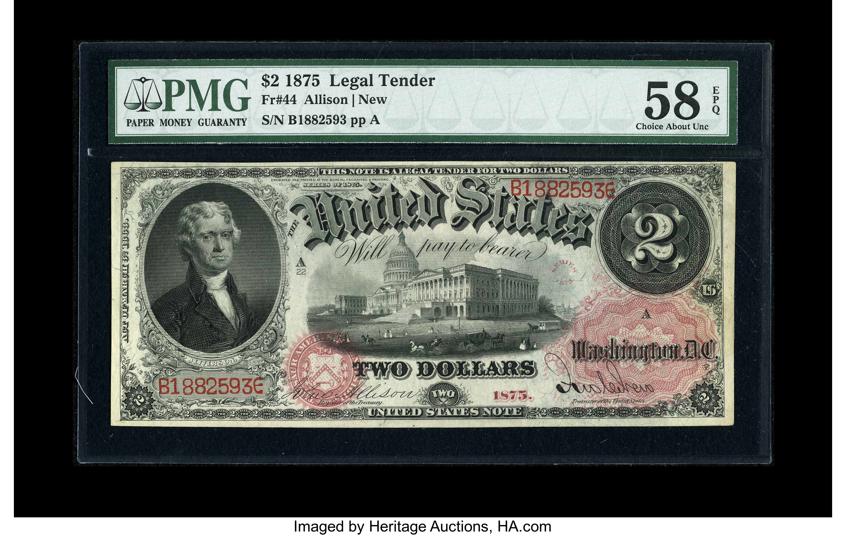 image for: Fr. 44 $2 1875 Legal Tender PMG Choice About Unc 58 EPQ.