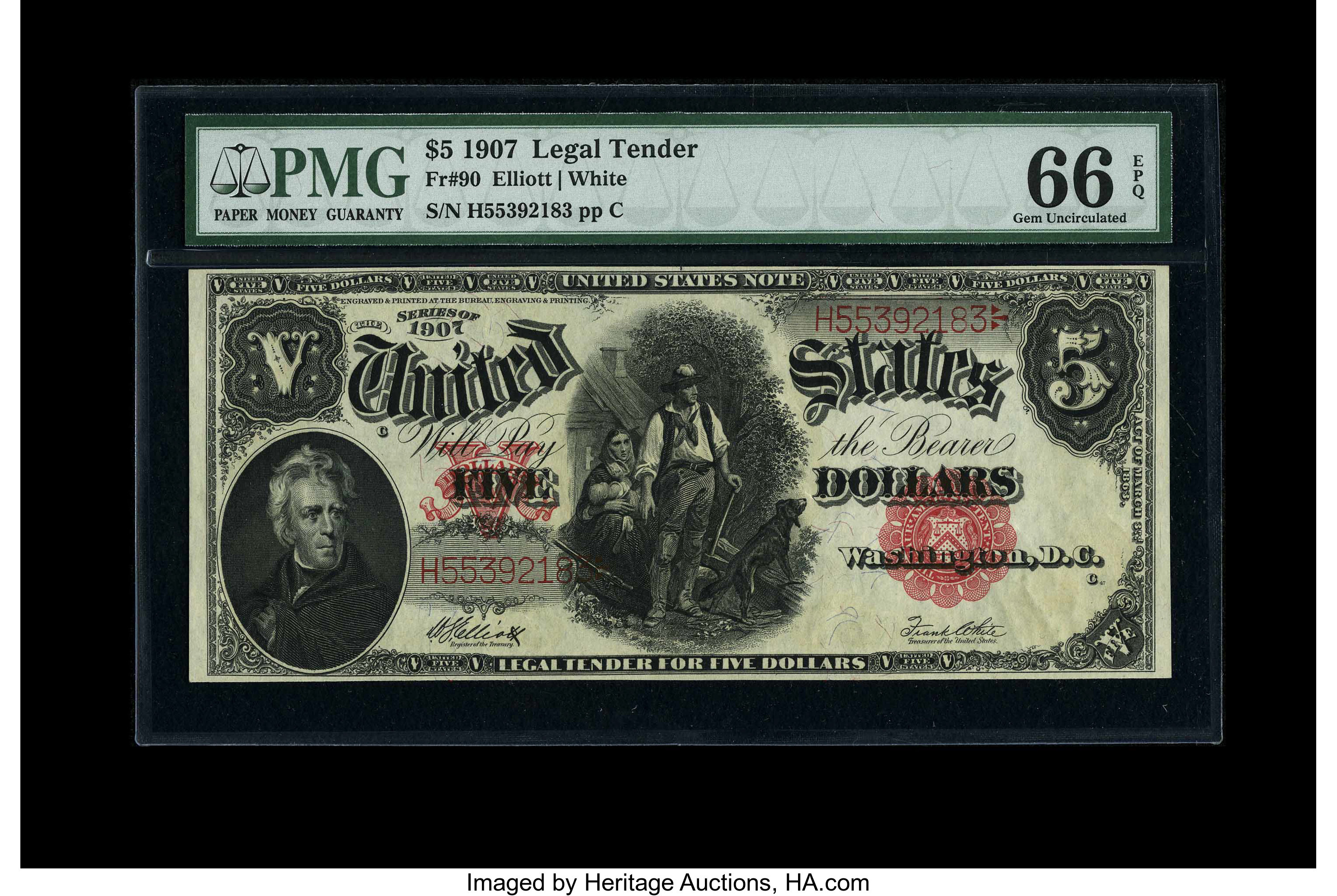 image for: Fr. 90 $5 1907 Legal Tender PMG Gem Uncirculated 66 EPQ....