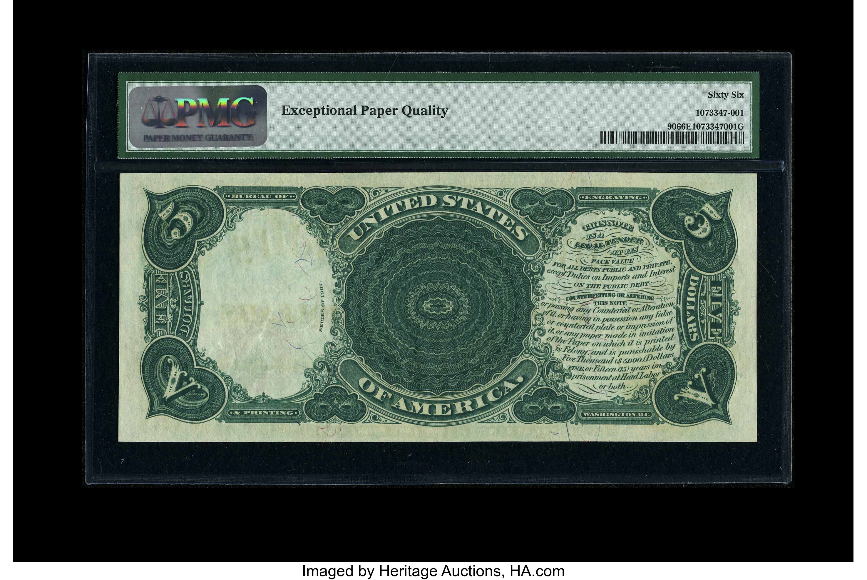 image for: Fr. 90 $5 1907 Legal Tender PMG Gem Uncirculated 66 EPQ....